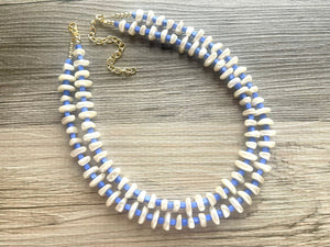 Royal Blue Lustrous Statement Necklace, Off White Necklace blue jewelry, 2 strand chunky beaded bib necklace cream shell geometric bib