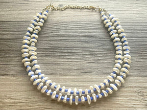 Royal Blue Lustrous Statement Necklace, Off White Necklace blue jewelry, 2 strand chunky beaded bib necklace cream shell geometric bib