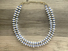 Load image into Gallery viewer, Royal Blue Lustrous Statement Necklace, Off White Necklace blue jewelry, 2 strand chunky beaded bib necklace cream shell geometric bib