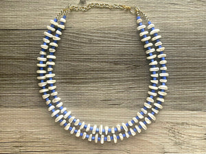 Royal Blue Lustrous Statement Necklace, Off White Necklace blue jewelry, 2 strand chunky beaded bib necklace cream shell geometric bib