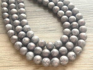 Three Strand Silver gray hologram Resin Chunky statement necklace, big beaded jewelry, gifts for women, bib jewelry Multi-Strand necklace