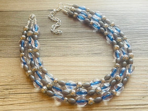 Mountain Stream Soirée, Chunky 3 Strand Statement Necklace, blue gray periwinkle jewelry, silver necklace, gray resin jewelry metallic