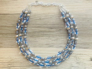 Mountain Stream Soirée, Chunky 3 Strand Statement Necklace, blue gray periwinkle jewelry, silver necklace, gray resin jewelry metallic