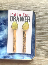 Load image into Gallery viewer, Gold Hammered BELIEVE Yellow Resin earrings statement earrings, metal jewelry, gold geometric earrings pierced dangle drop chunky shiny