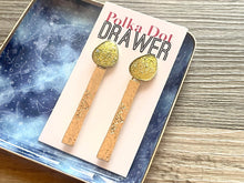 Load image into Gallery viewer, Gold Hammered BELIEVE Yellow Resin earrings statement earrings, metal jewelry, gold geometric earrings pierced dangle drop chunky shiny