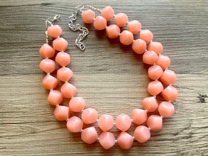 Peach Double strand statement Necklace, Pink Beaded Necklace, summer silver jewelry, bubble necklace bib pink peach orange