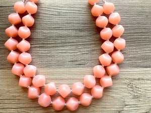 Peach Double strand statement Necklace, Pink Beaded Necklace, summer silver jewelry, bubble necklace bib pink peach orange