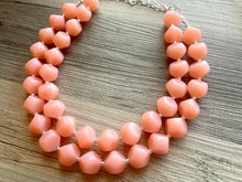 Load image into Gallery viewer, Peach Double strand statement Necklace, Pink Beaded Necklace, summer silver jewelry, bubble necklace bib pink peach orange