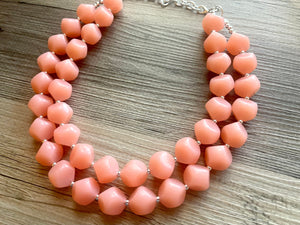 Peach Double strand statement Necklace, Pink Beaded Necklace, summer silver jewelry, bubble necklace bib pink peach orange