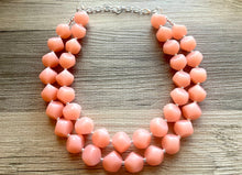 Load image into Gallery viewer, Peach Double strand statement Necklace, Pink Beaded Necklace, summer silver jewelry, bubble necklace bib pink peach orange