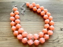 Load image into Gallery viewer, Peach Double strand statement Necklace, Pink Beaded Necklace, summer silver jewelry, bubble necklace bib pink peach orange