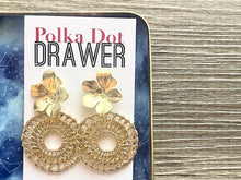 Load image into Gallery viewer, Gold Hammered earrings, flower statement earrings, metal jewelry, gold geometric earrings pierced dangle drop chunky shiny round brass