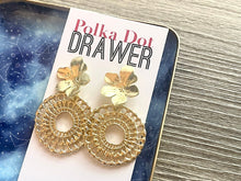 Load image into Gallery viewer, Gold Hammered earrings, flower statement earrings, metal jewelry, gold geometric earrings pierced dangle drop chunky shiny round brass