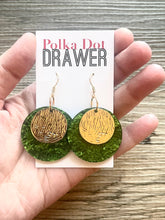 Load image into Gallery viewer, Gold &amp; Green Hammered earrings, flower statement earrings, metal jewelry, geometric earrings pierced dangle drop chunky shiny round brass