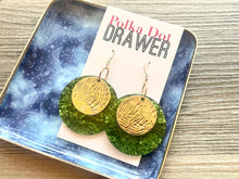Load image into Gallery viewer, Gold &amp; Green Hammered earrings, flower statement earrings, metal jewelry, geometric earrings pierced dangle drop chunky shiny round brass