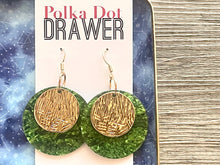 Load image into Gallery viewer, Gold &amp; Green Hammered earrings, flower statement earrings, metal jewelry, geometric earrings pierced dangle drop chunky shiny round brass