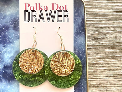 Gold & Green Hammered earrings, flower statement earrings, metal jewelry, geometric earrings pierced dangle drop chunky shiny round brass