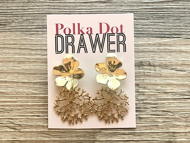 Gold Hammered earrings, flower statement earrings, metal jewelry, gold geometric earrings pierced dangle drop chunky shiny round brass
