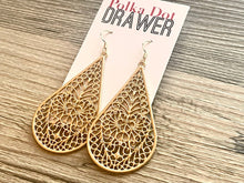 Load image into Gallery viewer, Gold Filigree earrings, teardrop statement earrings metal jewelry, gold geometric earrings pierced dangle drop chunky shiny gold metal brass