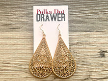 Load image into Gallery viewer, Gold Filigree earrings, teardrop statement earrings metal jewelry, gold geometric earrings pierced dangle drop chunky shiny gold metal brass