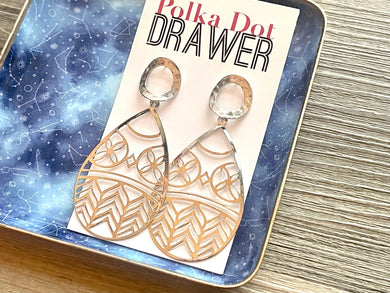 Silver Cut Out earrings, oval statement earrings, metal jewelry, roundgeometric earrings pierced dangle drop chunky shiny rectangular brass