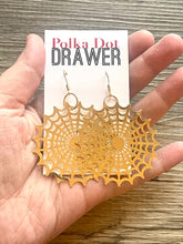 Load image into Gallery viewer, Gold Filigree Spiderweb earrings statement earrings metal jewelry, gold geometric earrings pierced dangle drop chunky shiny gold metal brass