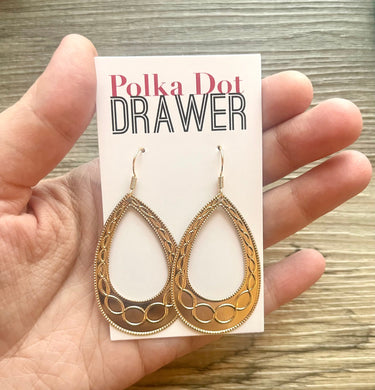 Gold earrings, tin teardrop statement earrings metal jewelry, gold geometric earrings pierced dangle drop chunky shiny gold metal brass