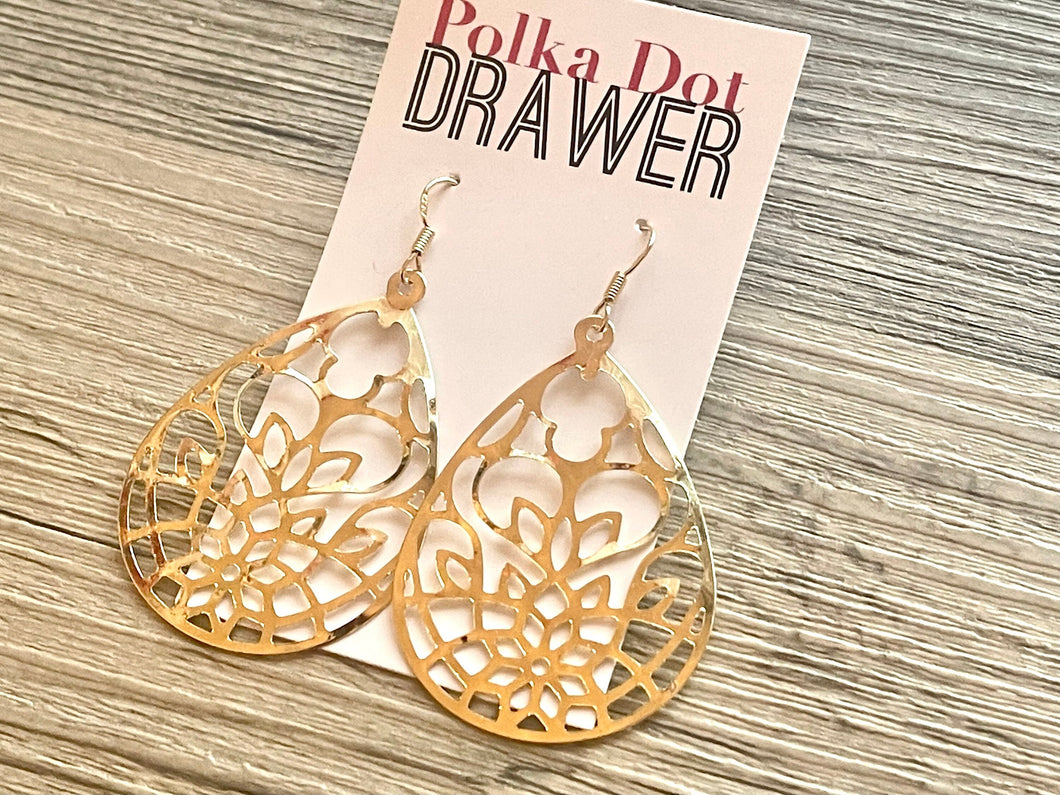 Gold Filigree earrings, round statement earrings metal jewelry, gold geometric earrings pierced dangle drop chunky shiny gold metal brass