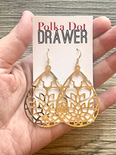 Load image into Gallery viewer, Gold Filigree earrings, round statement earrings metal jewelry, gold geometric earrings pierced dangle drop chunky shiny gold metal brass