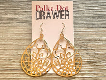 Load image into Gallery viewer, Gold Filigree earrings, round statement earrings metal jewelry, gold geometric earrings pierced dangle drop chunky shiny gold metal brass