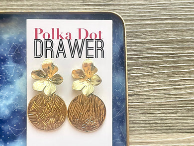 Gold Etched earrings, Floral round statement earrings metal jewelry, gold geometric earrings pierced dangle drop chunky shiny gold metal