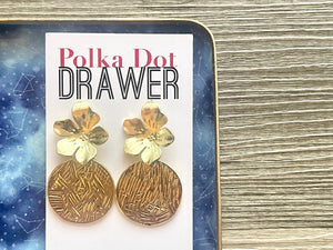 Gold Etched earrings, Floral round statement earrings metal jewelry, gold geometric earrings pierced dangle drop chunky shiny gold metal