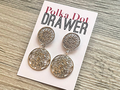 Silver Mandala earrings, circle statement earrings, metal jewelry round geometric pierced dangle drop chunky shiny rectangular brass