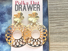 Load image into Gallery viewer, Gold Mandala earrings, Floral round statement earrings metal jewelry, gold geometric earrings pierced dangle drop chunky shiny gold metal