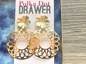 Gold Mandala earrings, Floral round statement earrings metal jewelry, gold geometric earrings pierced dangle drop chunky shiny gold metal