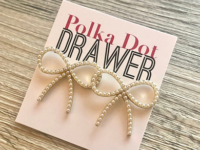 Gold Pearl Bow statement earrings metal jewelry, gold geometric earrings pierced oversize stud chunky shiny gold metal, girly white pearls