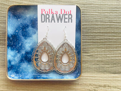 Silver Filigree earrings, teardrop statement earrings metal jewelry geometric earrings pierced dangle drop chunky shiny gold metal brass