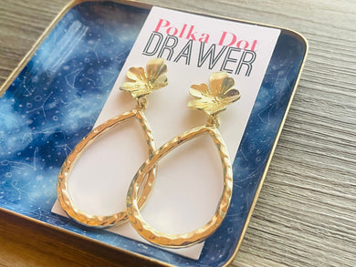 Gold Hammered earrings, Floral round statement earrings metal jewelry, gold geometric earrings pierced dangle drop chunky shiny gold metal