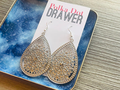 Silver Filigree earrings, teardrop statement earrings metal jewelry geometric earrings pierced dangle drop chunky shiny gold metal brass