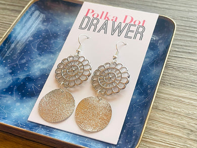 Silver Mandala earrings, circle statement earrings, metal jewelry round geometric pierced dangle drop chunky shiny rectangular brass