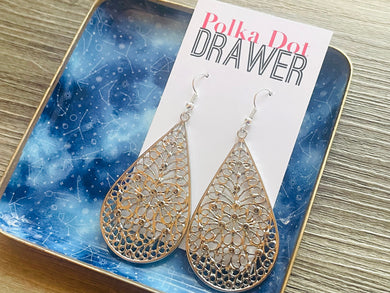 Silver Filigree earrings, teardrop statement earrings metal jewelry geometric earrings pierced dangle drop chunky shiny gold metal brass