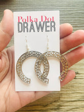 Load image into Gallery viewer, Silver Filigree Horseshoe earrings, statement earrings metal jewelry geometric earrings pierced dangle drop chunky shiny gold metal brass