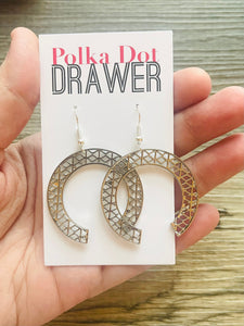 Silver Filigree Horseshoe earrings, statement earrings metal jewelry geometric earrings pierced dangle drop chunky shiny gold metal brass