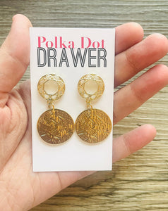 Gold Etched earrings, wreath round statement earrings metal jewelry, gold geometric earrings pierced dangle drop chunky shiny gold metal