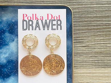 Gold Etched earrings, wreath round statement earrings metal jewelry, gold geometric earrings pierced dangle drop chunky shiny gold metal