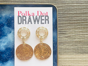 Gold Etched earrings, wreath round statement earrings metal jewelry, gold geometric earrings pierced dangle drop chunky shiny gold metal