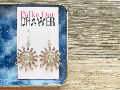 Silver Sun Mandala earrings, circle statement earrings, metal jewelry round geometric pierced dangle drop chunky shiny foil flake round