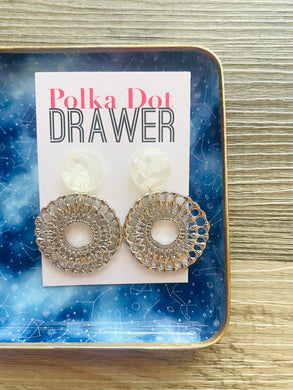 Silver Filigree earrings, icy round statement earrings metal jewelry geometric earrings pierced dangle drop chunky shiny gold metal brass