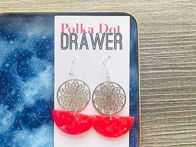 Silver & Coral Mandala earrings, circle statement earrings, metal jewelry round geometric pierced dangle drop chunky shiny brass red