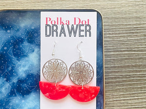 Silver & Coral Mandala earrings, circle statement earrings, metal jewelry round geometric pierced dangle drop chunky shiny brass red